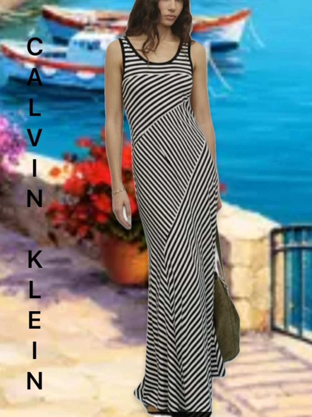 Calvin Klein Black & White Striped Sleeveless Maxi Dress π₯ - Size Medium - Picture 2 of 16